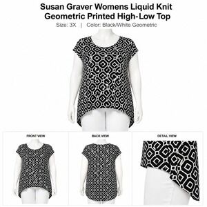 Susan Graver Womens Liquid Knit Geometric Printed High-Low Top Black White 3X